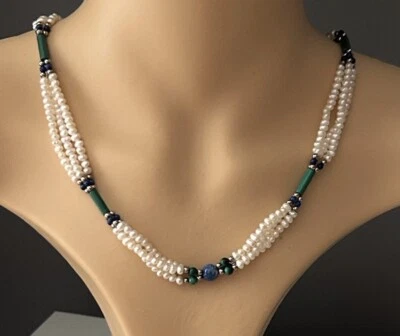 9KT / 9ct Gold vintage Pearl & Gemstone Necklace / 52cm / Stunning  - Image 1 of 4