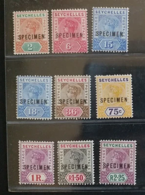 SEYCHELLES 1897 QV 2c a R2.25 SG 26 - 38 Sc 2 17 19 20 21 ESPECIMEN Set 9 MH Foto 1 de 2