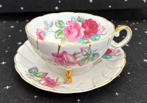 VTG Ucagco Footed Teacup & Saucer Floral Design w/Gold Trim Japan - Picture 1 of 11
