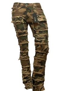 New! Evolution Distressed Pocketed Stacked Jeans FWRD Camo Stacked denim - Picture 1 of 9