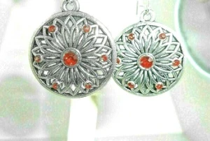 New Flower-like Design w/ Red Crystals Silver-tone Dangle Earrings 1-15/16" Long - Picture 1 of 3