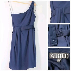 Vera Wang White Womens Short Dress Navy Blue One Shoulder Belted Size 8 - Picture 1 of 14