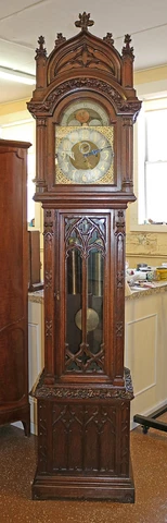 Early 20th Century Carved Oak Gothic 5 Gong Tall Case Grandfather Clock 5 Gongs Cover