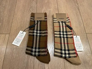 BURBERRY Vintage Check Intarsia Socks, 2 pack- Beige and Brown, Size: M - Picture 1 of 7