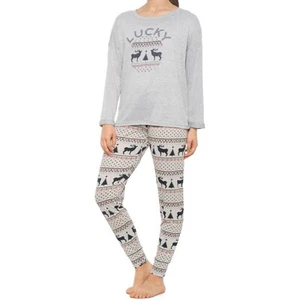 Lucky Brand Holyday Pajamas Set Gray Top & Printed Joggers Super Soft Size LARGE - Picture 1 of 5