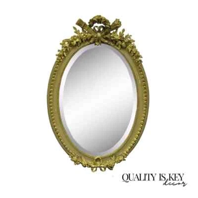 Antique French Louis XVI Style Gold Gilt Torch Flame Gesso Oval Wall Mirror - Image 1 of 4