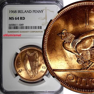 Ireland Republic Bronze 1968 Penny NGC MS64 RD NICE RED Hen with chicks KM11 (9) - Picture 1 of 4