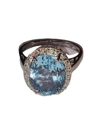 Anel de prata esterlina 6,13 ctw topázio azul natural, diamante 14kt sobre tamanho 7 - Imagem 1 de 4