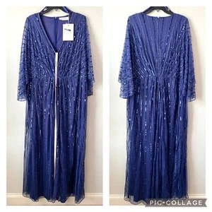 Mac Duggal 93841 Beaded Striping Kimono Sleeve V-Neck Gown Navy Blue 20 - Picture 1 of 11
