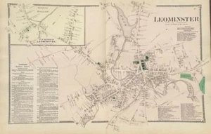 Antique Map downtown Leominster, MA - FW Beers Atlas of Worcester Co 1870 - Imagen 1 de 1