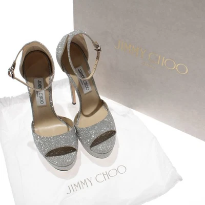 Jimmy Choo NWB Max 150 Open Toe Platform Heels Size 38.5 US 8.5 Silver Glitter - Image 1 of 4