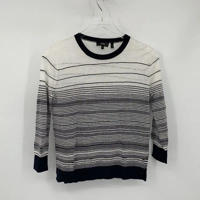 Theory Rainee P Suéter Ligero Mezcla Lino Negro Blanco Rayas Nubby Pequeño Foto 1 de 4
