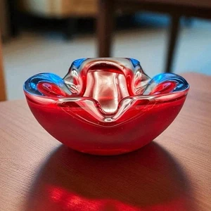 Murano Red Blue Sommerso Geode Bowl Triform Ashtray Art Glass MCM Italy Vtg - Picture 1 of 22