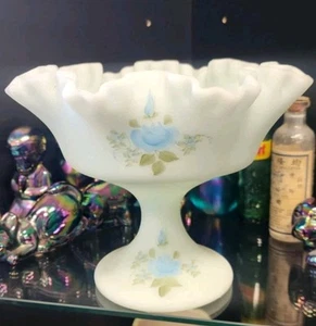 Fenton Frosted Satin Blue Glass Compote Pedestal Candy Dish Roses Ruffled Signed - Picture 1 of 11