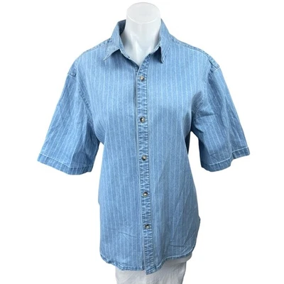 Mango MNG Blue Denim Chambray Pinstriped Button Up Short Sleeve Top Shirt Size S - Image 1 of 4