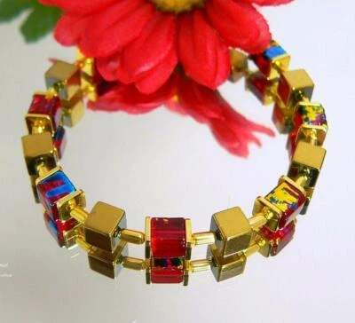 Armband Würfel Cube Hämatit gold Glas marmoriert rot türkis grün 068b - Bild 1 von 4