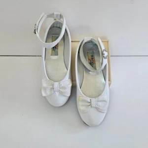 RACHEL Girls Patent Leather Dress Shoes Ankle Strap Glitter Bow White Size 2M - Picture 1 of 10