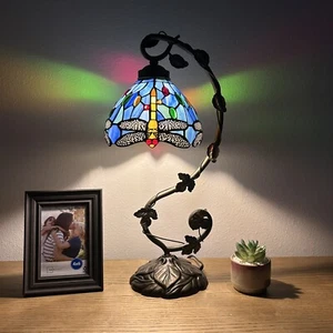 Tiffany Style Table Lamp Dragonfly Blue Stained Glass LED Bulb Included 21”H11"W - Picture 1 of 8