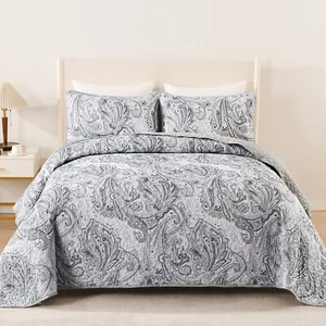 Set copriletto trapuntato grigio Paisley 3 pezzi copriletto queen size cuscino - Foto 1 di 7