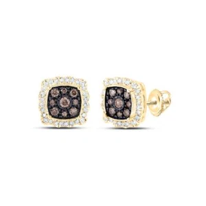 10K Yellow Gold Brown Diamond Unisex Cluster Square Halo Stud Earrings 5/8 CT - Picture 1 of 1