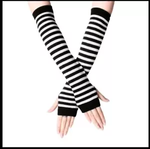 Black & White Striped Fingerless Gloves ☆ Soft & Stretchy Knit Look Arm Warmers - Picture 1 of 4