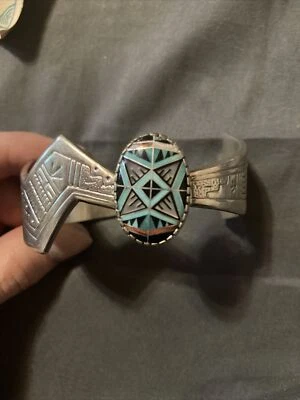 RMT Roderick Tenorio Inlay Sterling Silver Turquoise Cuff Bracelet Pollack Star - Image 1 of 4