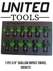 INDUSTRIAL 11pc 3/8” Dr 360° Swivel Impact Shallow Sockets 10-21mm Hex Eva foam - Picture 1 of 3
