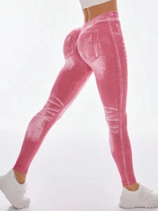 Women V Back Denim Print Fitness Leggings Scrunch Butt Lift Low V Cut Yoga Pants - Picture 1 of 66