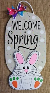 WELCOME SPRING Easter Bunny Carrot Sign Wood Plaque Taupe Hand Crafted Door Wall - Picture 1 of 1
