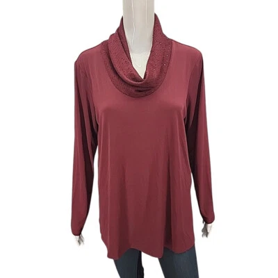 Susan Graver Womens Liquid Knit Top Large Sz Wine Blouse w Sequin Cowl Neck - Image 1 of 4