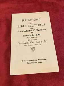 Vintage Bibel Vortragsflyer, E E Dunham in der Germania Hall in Sioux Falls, SD. - Bild 1 von 3