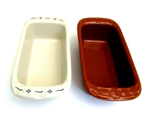 2 Longaberger Pottery Ceramic Woven Traditions Loaf Baking Dish Pan Red Ivory - Picture 1 of 6