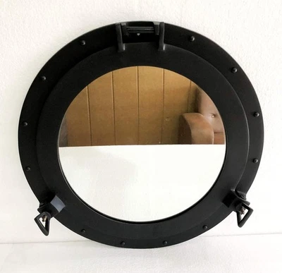 Antique Canal Boat Black Porthole-Window Ship Round Mirror Home Wall Mounted - Image 1 of 4
