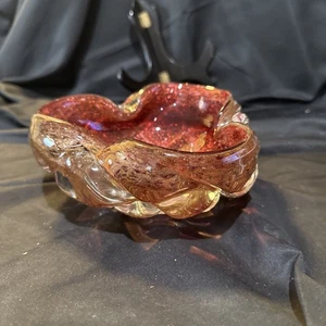 Vintage Mid Century Murano Glass 1950s Red Gold Fleck Bowl 7 In - Picture 1 of 13
