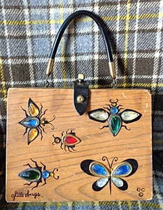 Enid Collins of Texas 1960s Glitterbugs Box Bag Vintage Wood Hand Bag Signed Gem - Picture 1 of 11