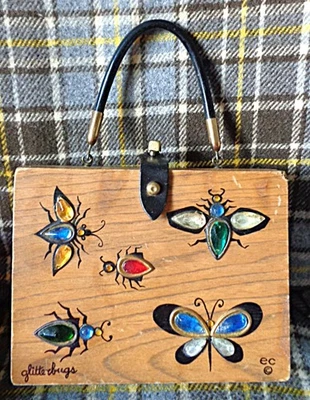 Enid Collins of Texas 1960s Glitterbugs Box Bag Vintage Wood Hand Bag Signed Gem - Image 1 of 4
