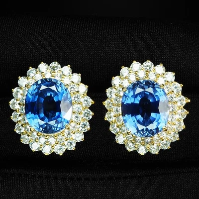 Graceful Vivid Blue Sapphire Oval 16.45Ct 925 Sterling Silver 24K Gold Earrings - Image 1 of 4