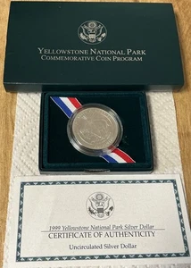 1999 Yellowstone National Park Uncirculated 90% Silver Dollar w/ OGP & COA - Picture 1 of 2