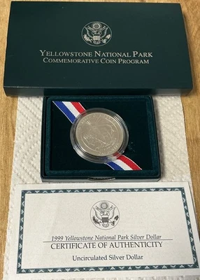 1999 Yellowstone National Park Uncirculated 90% Silver Dollar w/ OGP & COA - Image 1 of 2