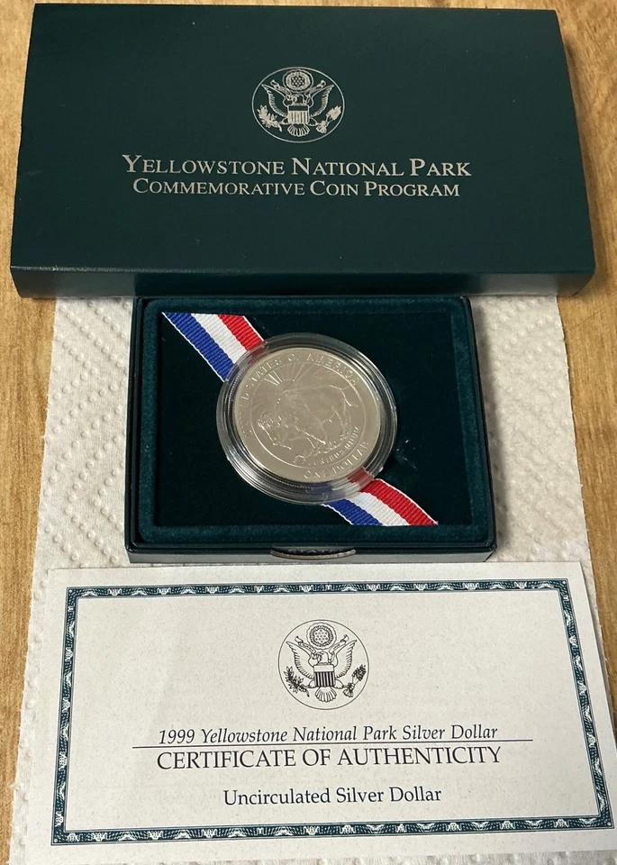 1999 Yellowstone National Park Uncirculated 90% Silver Dollar w/ OGP & COA - Image 1 of 2