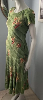 Vintage Tori Richard Hawaiian Green Dress XXS Flare Ruffle Hem Bird Of Paradise - Image 1 of 4