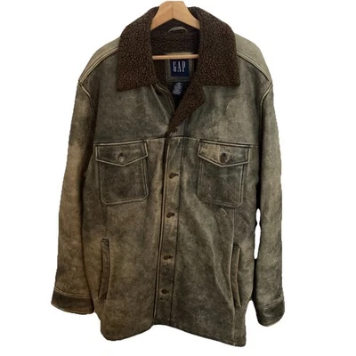 Vtg Y2K Gap Leather Sherpa Deep Pile Fleece Lined Bomber Field Jacket Mens XL - Image 1 of 4