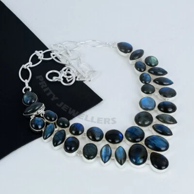 Blue Flash Labradorite Gemstone Necklace 925 Sterling Silver Statement Jewelry - Image 1 of 4