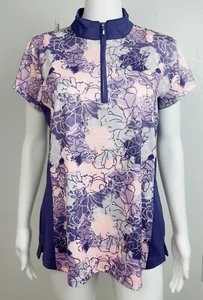 Pebble Beach DRY- Luxe Performance Top 1/4 Zip Mock Neck. Size L Purple Floral - Picture 1 of 4