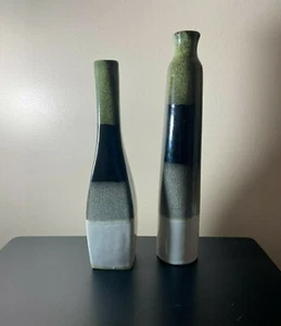 Midcentury Ceramic Taper Candle Holders/Bud Vase Set (2) Green/Black/Cream - Picture 1 of 4