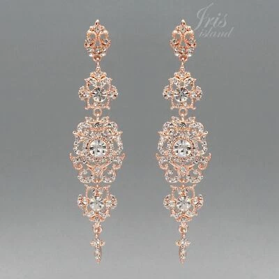ROSE GOLD Plated Clear Crystal Rhinestone Weddings Drop Dangle Earrings 05926 - Image 1 of 4