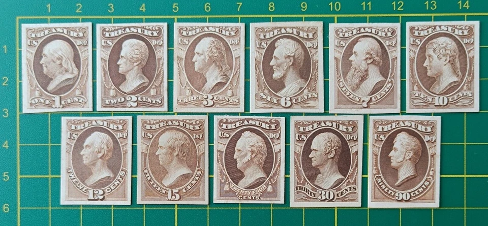 US Stamps, Official Treasury Dept. Set of 11, Trial Color PROOF on Card, VF, MLH - Image 1 of 4