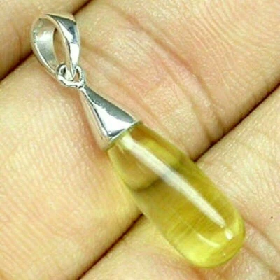 Silver Pendant Genuine Natural Lemon Quartz Briolette Solid Sterling With Chain - Image 1 of 4