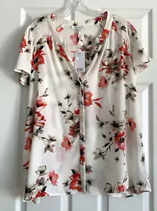 Rose Olive Tunic Top Womens 1X White Pink Floral Button Front Smocked NwT - Picture 1 of 10