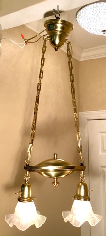 Antique Art Deco 2 Arm Brass Hanging Pan Light Chandelier Light Fixture Restored Cover